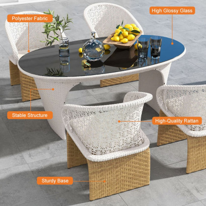 HMR Traditional Aluminum Outdoor Dining Set with 63" Oval Glass Table Rattan Armchair - White, 5-Pieces