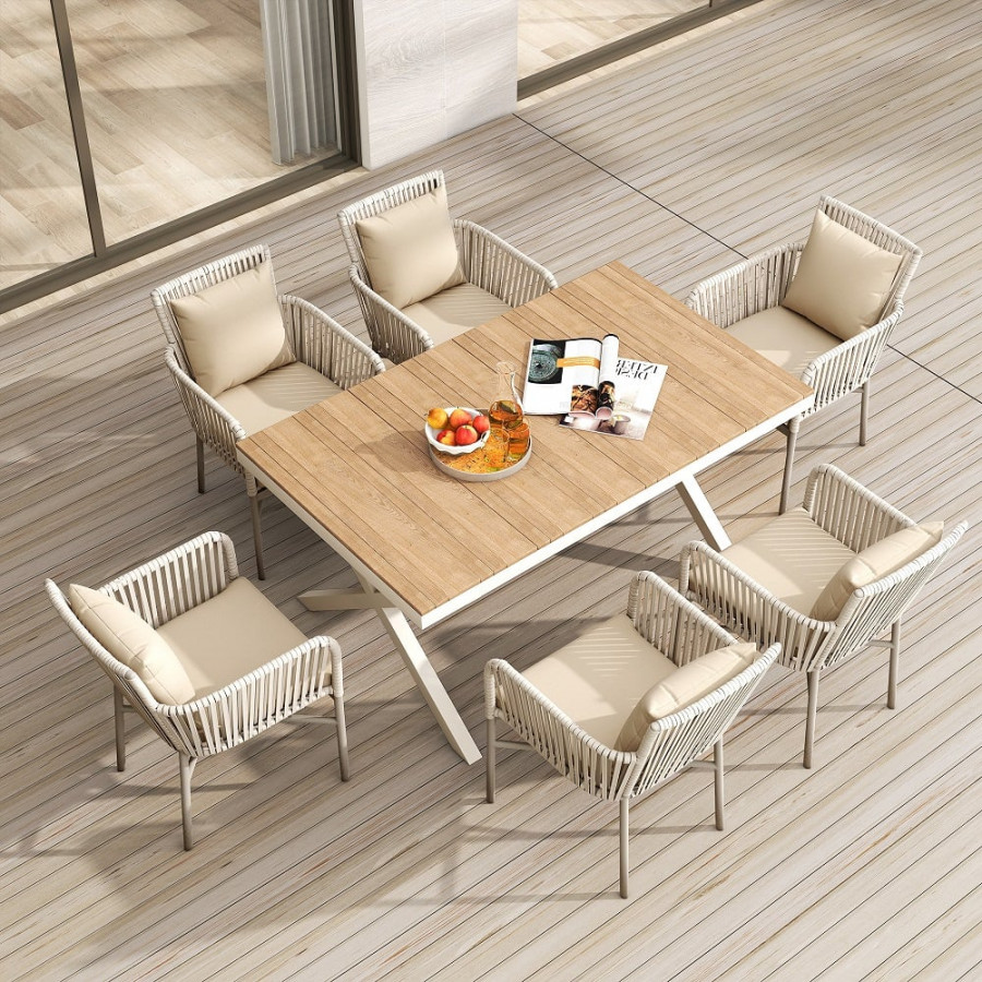 HMR - 7-Pieces Outdoor Dining Set with Wood-Top Table and 6 Woven Rope Armchair in Khaki