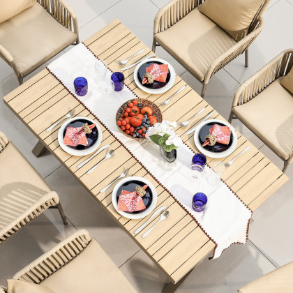 HMR - 7-Pieces Outdoor Dining Set with Wood-Top Table and 6 Woven Rope Armchair in Khaki