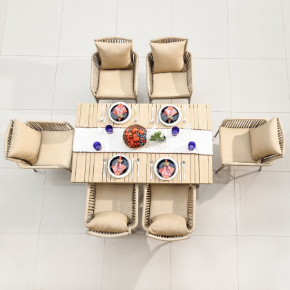 HMR - 7-Pieces Outdoor Dining Set with Wood-Top Table and 6 Woven Rope Armchair in Khaki