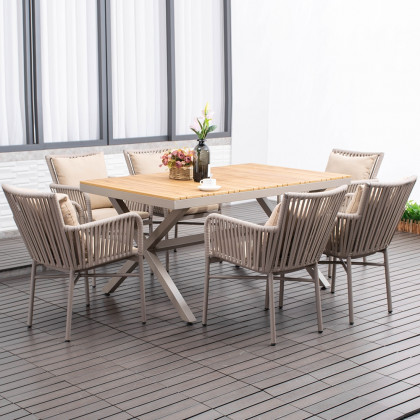 HMR - 7-Pieces Outdoor Dining Set with Wood-Top Table and 6 Woven Rope Armchair in Khaki