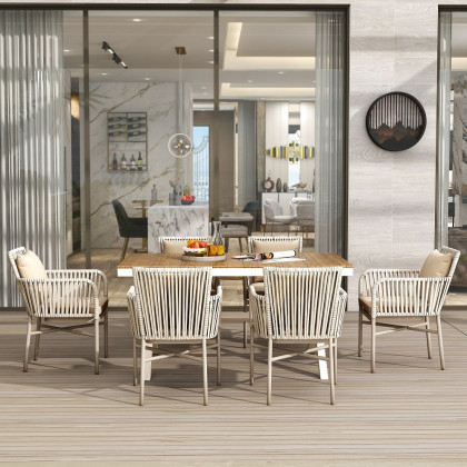 HMR - 7-Pieces Outdoor Dining Set with Wood-Top Table and 6 Woven Rope Armchair in Khaki