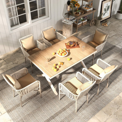 HMR - 7-Pieces Outdoor Dining Set with Wood-Top Table and 6 Woven Rope Armchair in Khaki