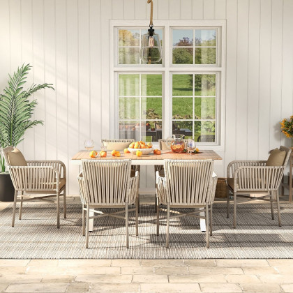 HMR - 7-Pieces Outdoor Dining Set with Wood-Top Table and 6 Woven Rope Armchair in Khaki