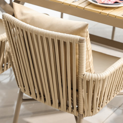 HMR - 7-Pieces Outdoor Dining Set with Wood-Top Table and 6 Woven Rope Armchair in Khaki
