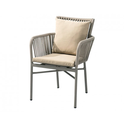 HMR - 7-Pieces Outdoor Dining Set with Wood-Top Table and 6 Woven Rope Armchair in Khaki