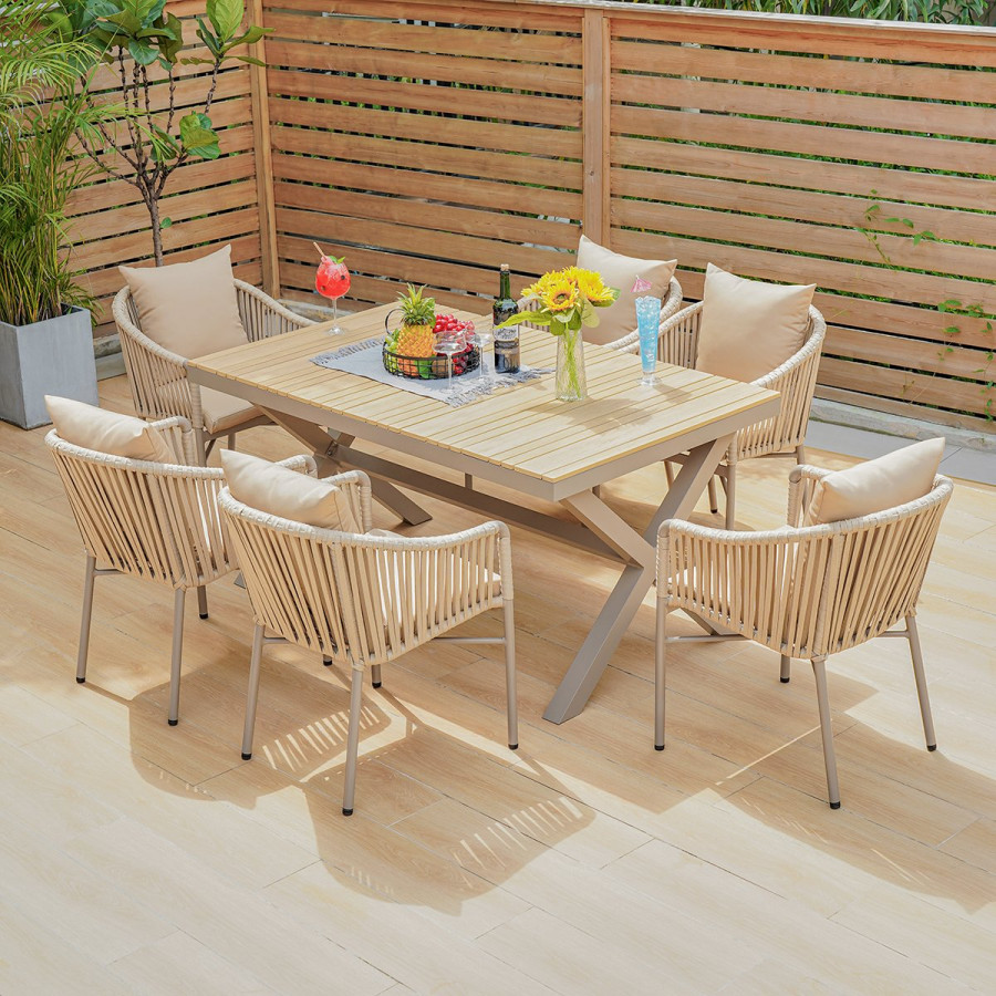 HMR - 7-Pieces Outdoor Dining Set with Rectangle Table and Woven Armchair in Natural