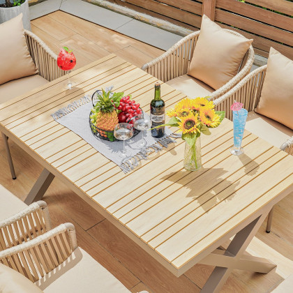 HMR - 7-Pieces Outdoor Dining Set with Rectangle Table and Woven Armchair in Natural
