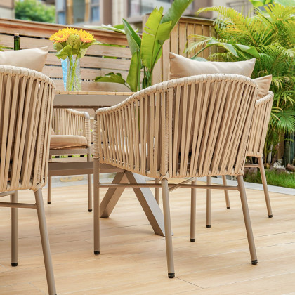 HMR - 7-Pieces Outdoor Dining Set with Rectangle Table and Woven Armchair in Natural