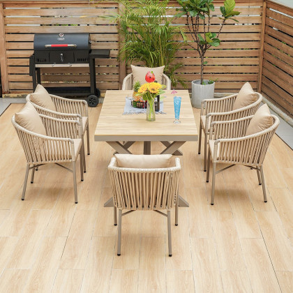 HMR - 7-Pieces Outdoor Dining Set with Rectangle Table and Woven Armchair in Natural