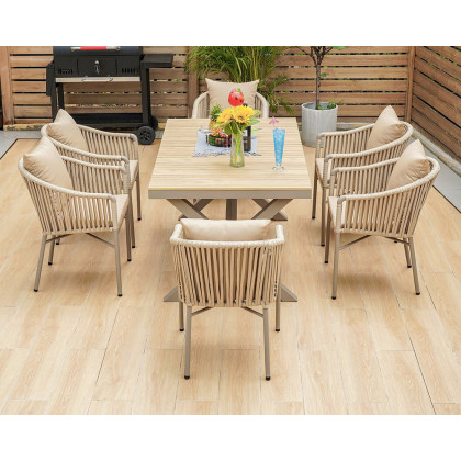 HMR - 7-Pieces Outdoor Dining Set with Rectangle Table and Woven Armchair in Natural