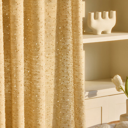 HMR - Gold Texture shining Living Room Semi Sheer Light Filtering Hook Single Curtain Panel
