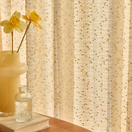 HMR - Gold Texture shining Living Room Semi Sheer Light Filtering Hook Single Curtain Panel