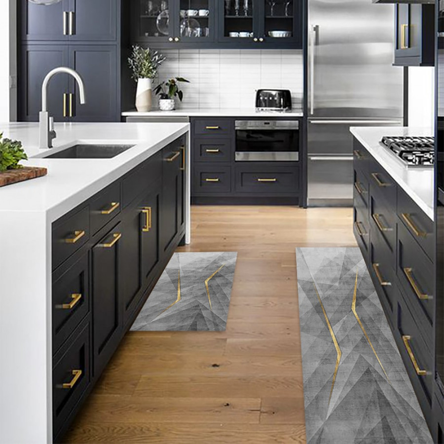 HMR - 2-Pieces Modern Gold Washable Kitchen Runner Mats Non-slip Anti Fatigue Kitchen Rug Set