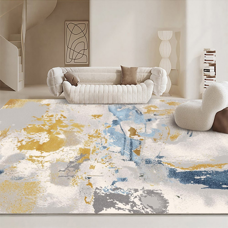 HMR - 5'x 7' Modern Abstract Area Rug in Blue & Gold Rectangular Decorative Carpet