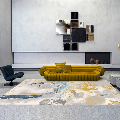 HMR - 5'x 7' Modern Abstract Area Rug in Blue & Gold Rectangular Decorative Carpet