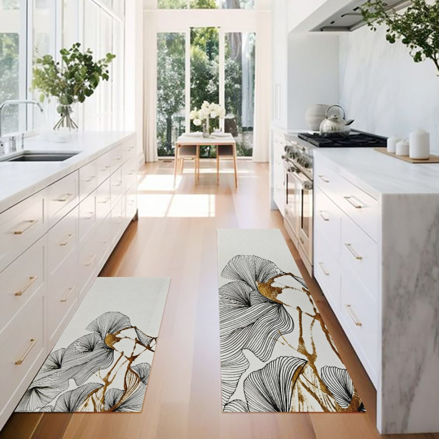 HMR - 2PCS Gold Abstract Geometric Kitchen Running Mat Non-slip Absorbent Kitchen Rug Set