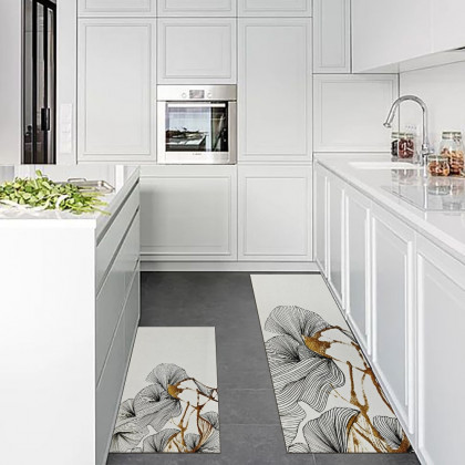 HMR - 2PCS Gold Abstract Geometric Kitchen Running Mat Non-slip Absorbent Kitchen Rug Set