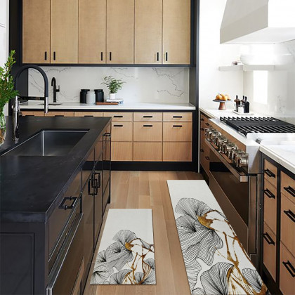 HMR - 2PCS Gold Abstract Geometric Kitchen Running Mat Non-slip Absorbent Kitchen Rug Set