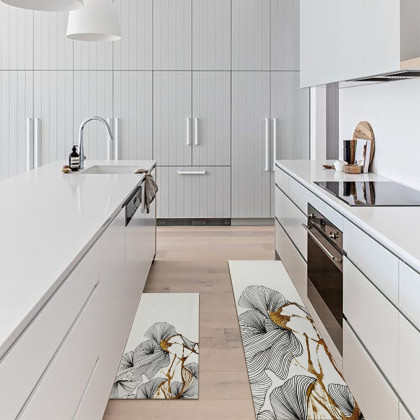 HMR - 2PCS Gold Abstract Geometric Kitchen Running Mat Non-slip Absorbent Kitchen Rug Set