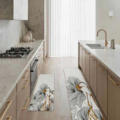 HMR - 2PCS Gold Abstract Geometric Kitchen Running Mat Non-slip Absorbent Kitchen Rug Set