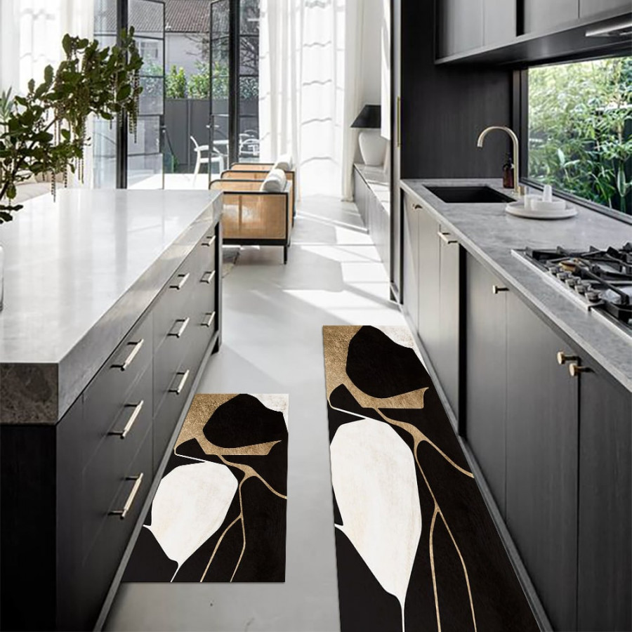 HMR - 2PCS Abstract Gold&Black Diatom Mud Running Mat Non-slip Absorbent Kitchen Rug Set