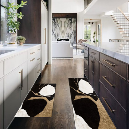 HMR - 2PCS Abstract Gold&Black Diatom Mud Running Mat Non-slip Absorbent Kitchen Rug Set