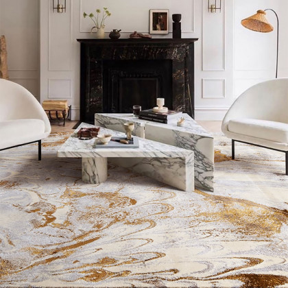 HMR - Gradient Gold Abstract Living Room Carpet Machine Washable Non-slip Waterproof Area Rug