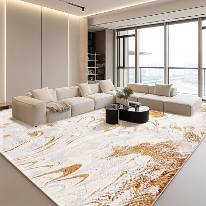 HMR - Gradient Gold Abstract Living Room Carpet Machine Washable Non-slip Waterproof Area Rug