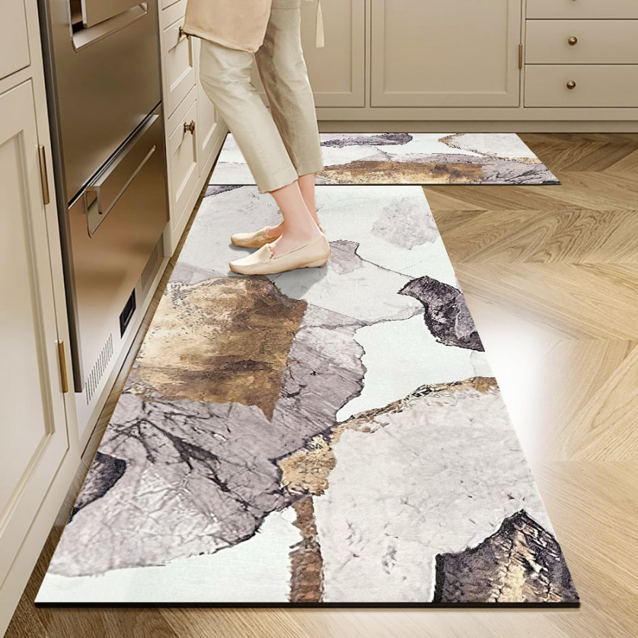 HMR - 2 Pieces Modern Gold Kitchen Runner Mats Non-slip Abstract Kitchen Mat Set
