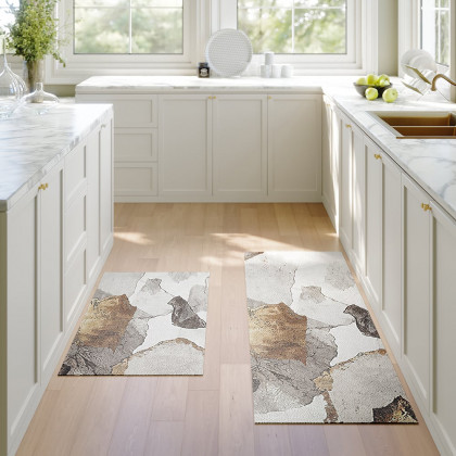 HMR - 2 Pieces Modern Gold Kitchen Runner Mats Non-slip Abstract Kitchen Mat Set