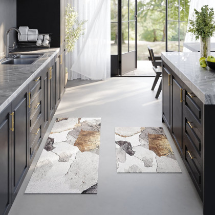 HMR - 2 Pieces Modern Gold Kitchen Runner Mats Non-slip Abstract Kitchen Mat Set