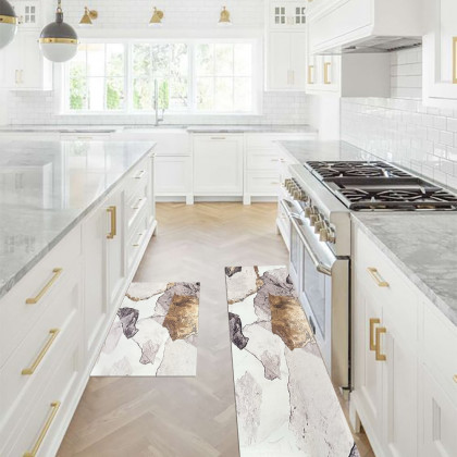 HMR - 2 Pieces Modern Gold Kitchen Runner Mats Non-slip Abstract Kitchen Mat Set