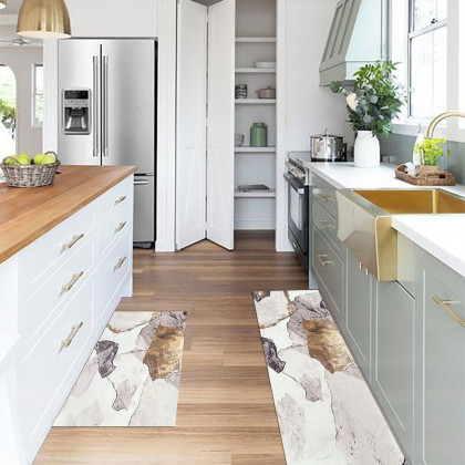 HMR - 2 Pieces Modern Gold Kitchen Runner Mats Non-slip Abstract Kitchen Mat Set