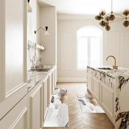 HMR - 2 Pieces Modern Gold Kitchen Runner Mats Non-slip Abstract Kitchen Mat Set