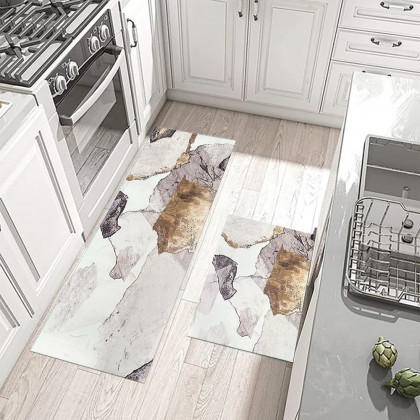 HMR - 2 Pieces Modern Gold Kitchen Runner Mats Non-slip Abstract Kitchen Mat Set