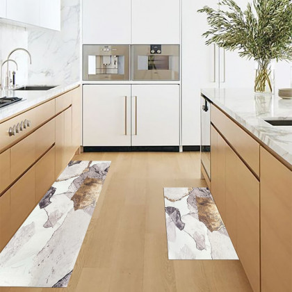 HMR - 2 Pieces Modern Gold Kitchen Runner Mats Non-slip Abstract Kitchen Mat Set