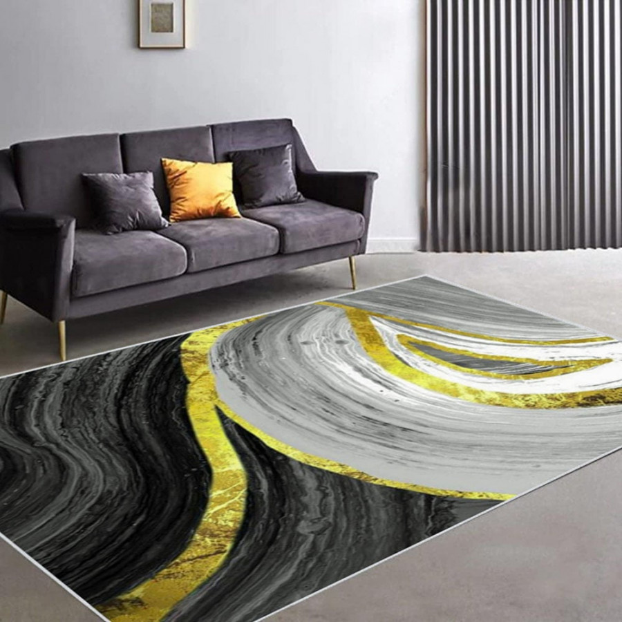 HMR - 3'x 5' Art Deco Black & Gold Abstract Area Rug Living Room Carpet with Marble Print