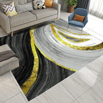 HMR - 3'x 5' Art Deco Black & Gold Abstract Area Rug Living Room Carpet with Marble Print