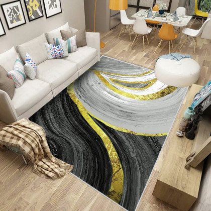 HMR - 3'x 5' Art Deco Black & Gold Abstract Area Rug Living Room Carpet with Marble Print