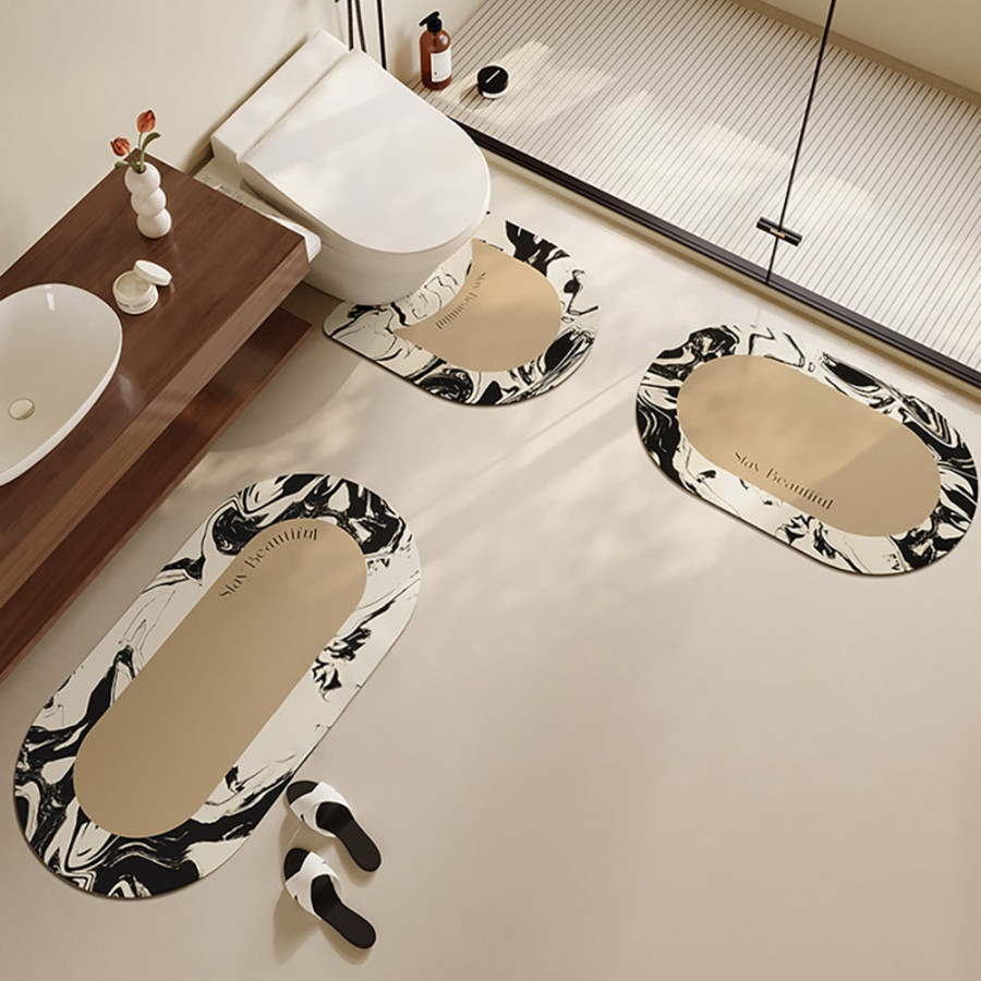 HMR - 3PCS Modern Black & White Diatom Mud Non-slip Bathroom Mat Abstract Bath Rug Set