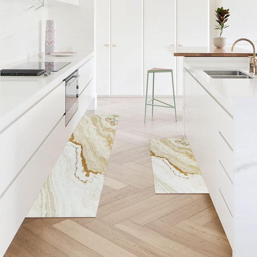 HMR - 2 Pieces Modern Marble Washable Kitchen Runner Mats Non-slip absorbent Kitchen Mat Set