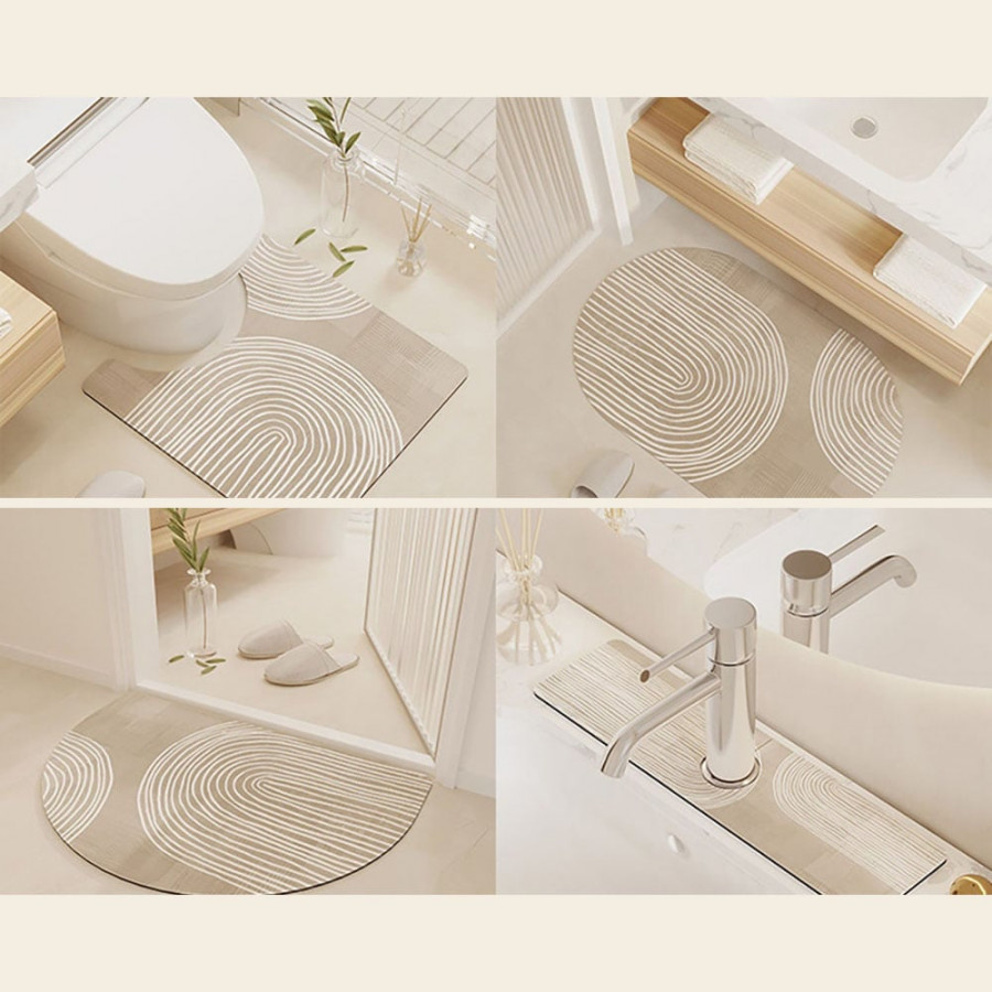 HMR - 4 Pieces Japandi Light Khaki Diatom Mud Non-Slip Bath Mat Abstract Bath Rug Set