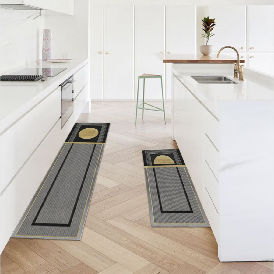 HMR - 2 Pieces Modern Dark Gray Kitchen Runner Mats Non-slip Geometric Kitchen Rug Set