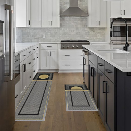 HMR - 2 Pieces Modern Dark Gray Kitchen Runner Mats Non-slip Geometric Kitchen Rug Set