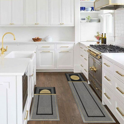 HMR - 2 Pieces Modern Dark Gray Kitchen Runner Mats Non-slip Geometric Kitchen Rug Set