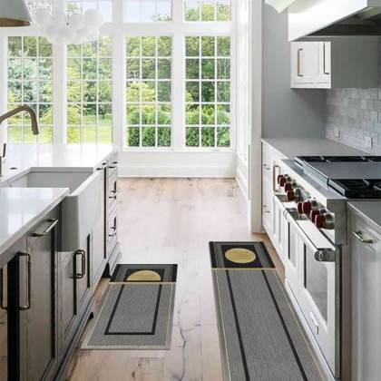 HMR - 2 Pieces Modern Dark Gray Kitchen Runner Mats Non-slip Geometric Kitchen Rug Set
