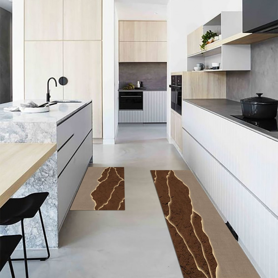 HMR - 2 Pieces Modern Gold & Brown Kitchen Runner Mats Non-slip Absorbent Kitchen Rug Set
