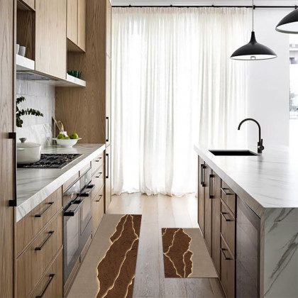 HMR - 2 Pieces Modern Gold & Brown Kitchen Runner Mats Non-slip Absorbent Kitchen Rug Set