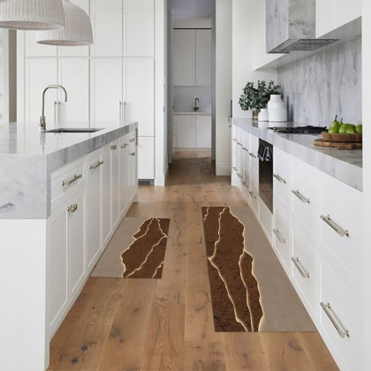 HMR - 2 Pieces Modern Gold & Brown Kitchen Runner Mats Non-slip Absorbent Kitchen Rug Set